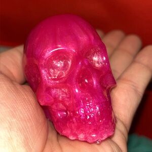 Shiny Vibrant Pink Skull Resin Figurine Handmade